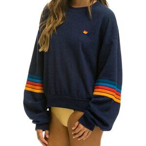 Aviator Nation Rainbow Stitch Relaxed Navy Sleeve Crew Sweatshirt